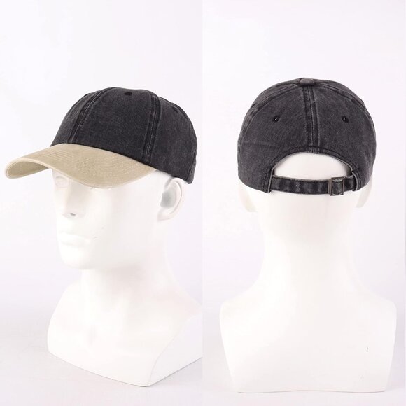 Unisex Black With Khaki Baseball Cap Cotton Soft Fit Washed Denim Adjustable Hat - Picture 4 of 6